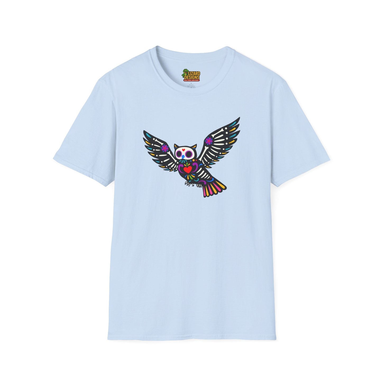 Sugar Skull Owl Tee – Colorful Day of the Dead Vibes | Graphic T-Shirts – Light Blue T-Shirt for boho style shirt (22 view)
