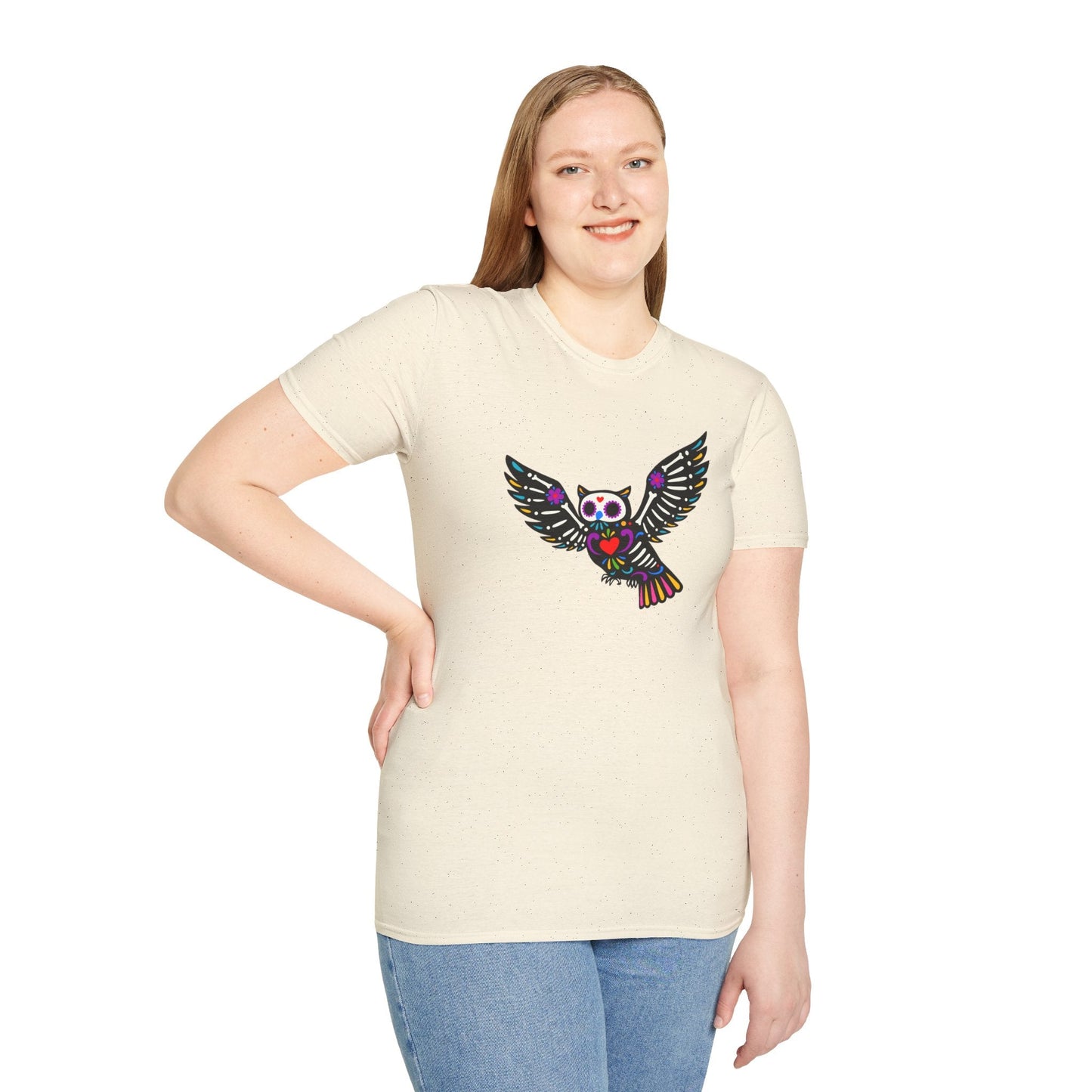 Sugar Skull Owl Tee – Colorful Day of the Dead Vibes | Graphic T-Shirts – Natural T-Shirt for boho style shirt (16 view)