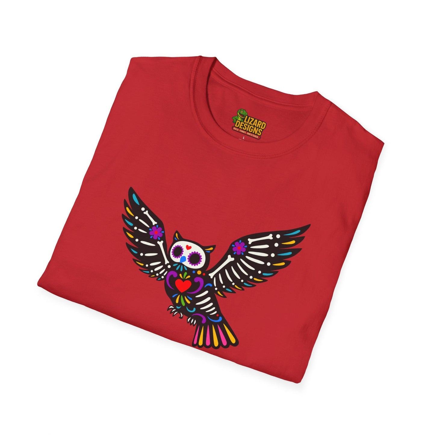 Sugar Skull Owl Tee – Colorful Day of the Dead Vibes | Graphic T-Shirts – Red T-Shirt for boho style shirt (45 view)