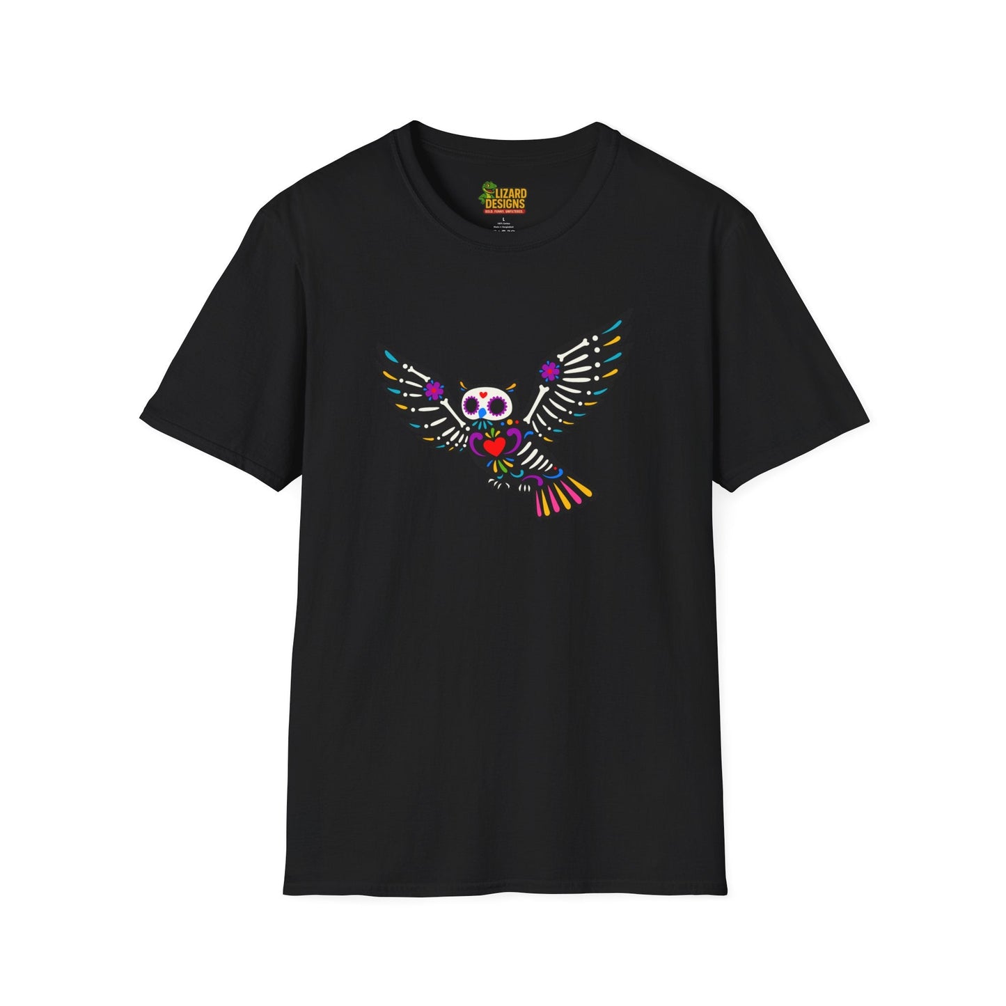 Sugar Skull Owl Tee – Colorful Day of the Dead Vibes | Graphic T-Shirts – Black T-Shirt for boho style shirt (1 view)