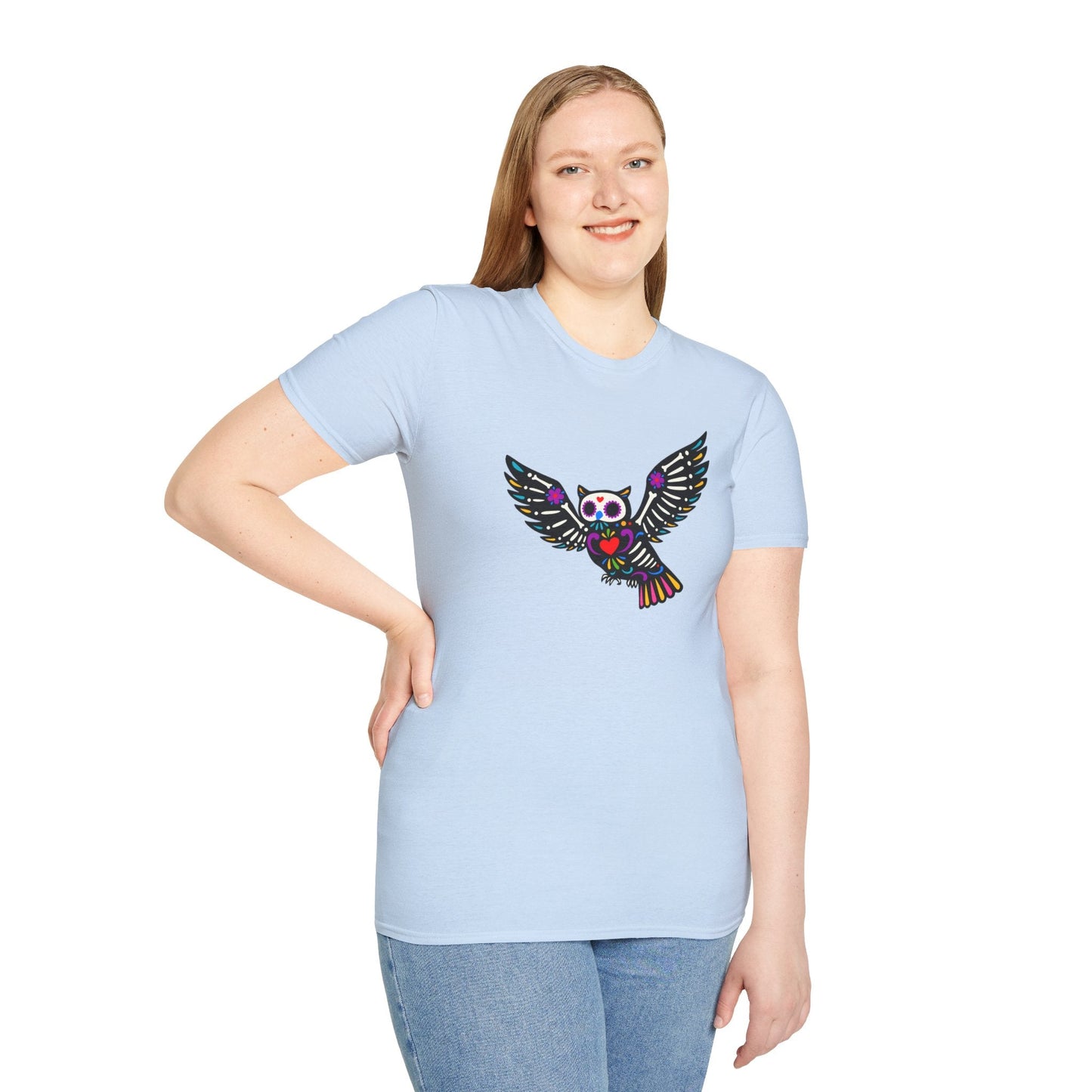 Colorful Owl Graphic T-Shirt, Unisex Softstyle Tee for Nature Lovers, Boho Chic Gift, Casual Wear, Festival Outfits, Animal Print Clothing – Light Blue T-Shirt by Printify