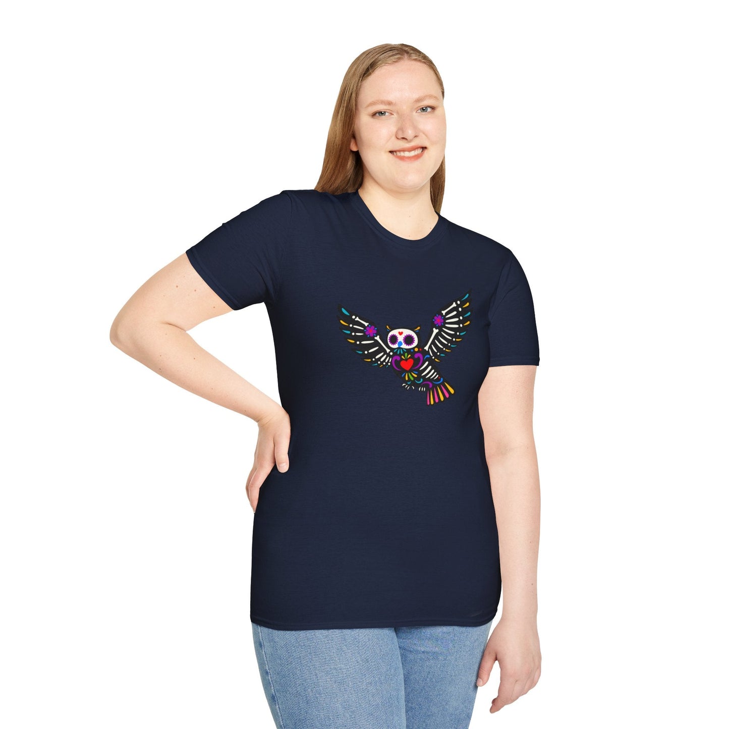 Sugar Skull Owl Tee – Colorful Day of the Dead Vibes | Graphic T-Shirts – Navy T-Shirt for boho style shirt (36 view)