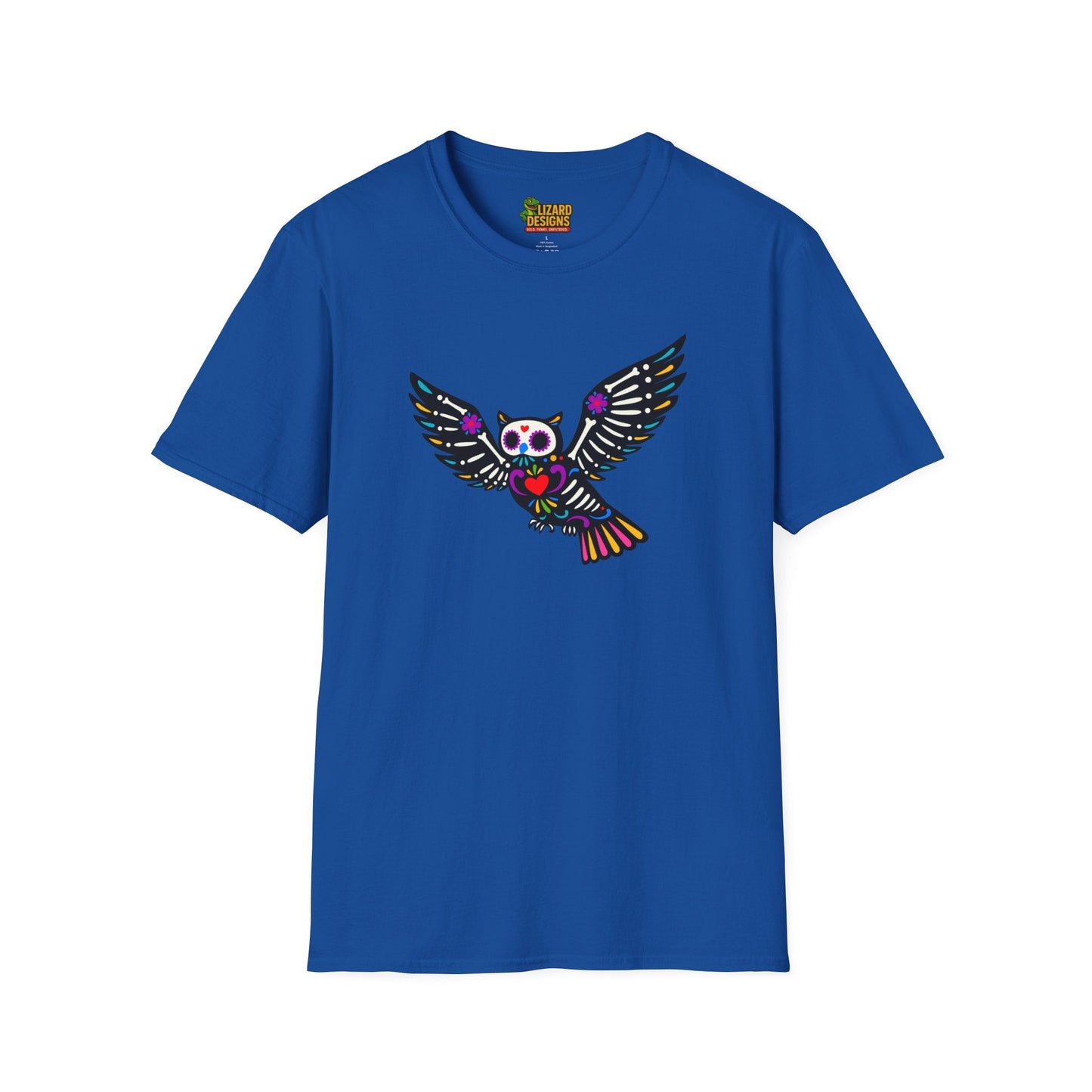 Sugar Skull Owl Tee – Colorful Day of the Dead Vibes | Graphic T-Shirts – Royal T-Shirt for boho style shirt (27 view)