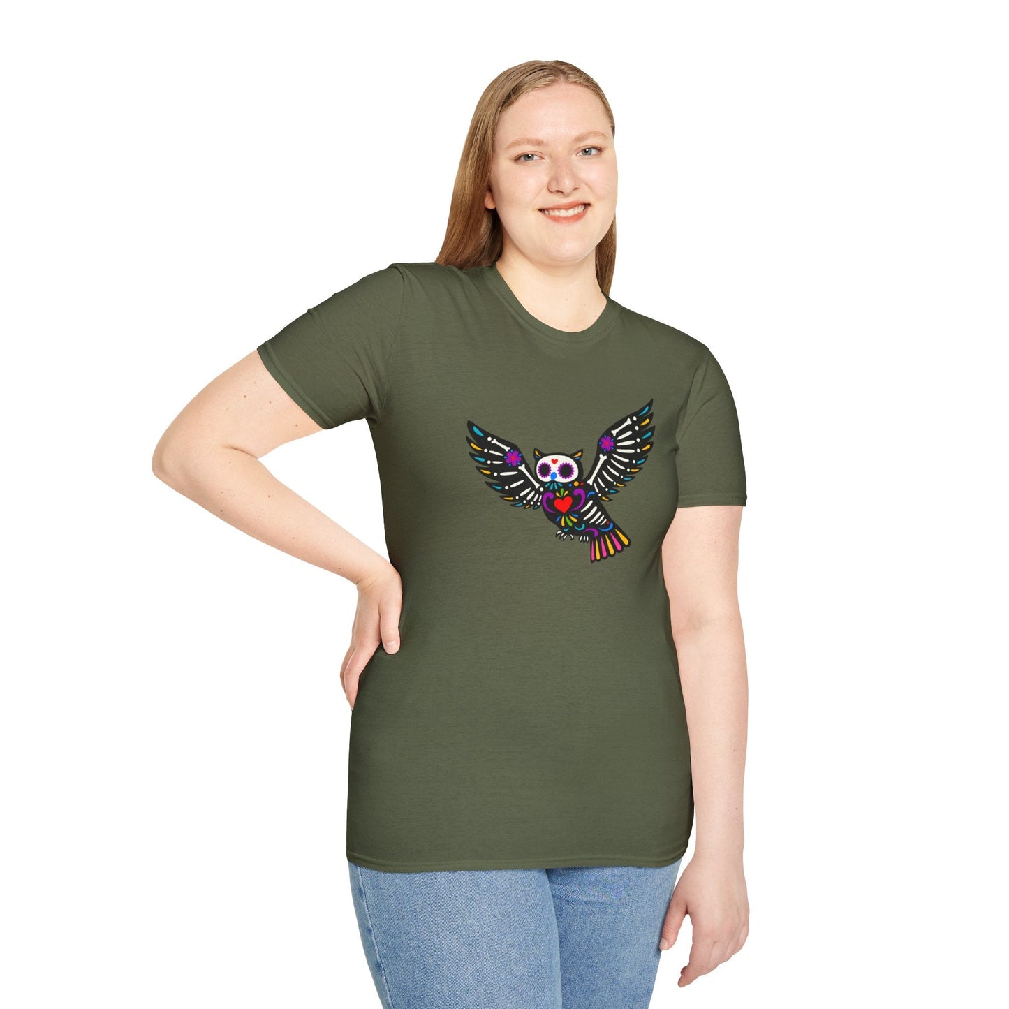 Sugar Skull Owl Tee – Colorful Day of the Dead Vibes | Graphic T-Shirts – Military Green T-Shirt for boho style shirt (21 view)