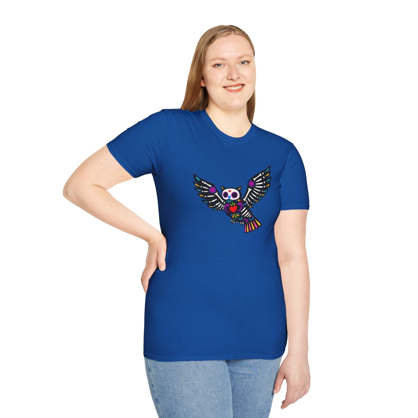 Sugar Skull Owl Tee – Colorful Day of the Dead Vibes | Graphic T-Shirts – Royal T-Shirt for boho style shirt (31 view)