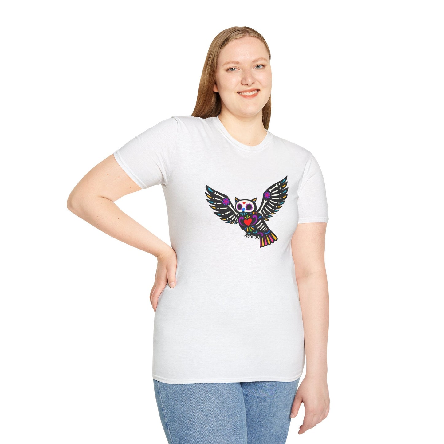 Sugar Skull Owl Tee – Colorful Day of the Dead Vibes | Graphic T-Shirts – White T-Shirt for boho style shirt (10 view)