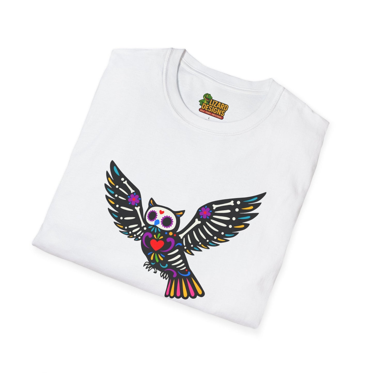 Sugar Skull Owl Tee – Colorful Day of the Dead Vibes | Graphic T-Shirts – White T-Shirt for boho style shirt (9 view)