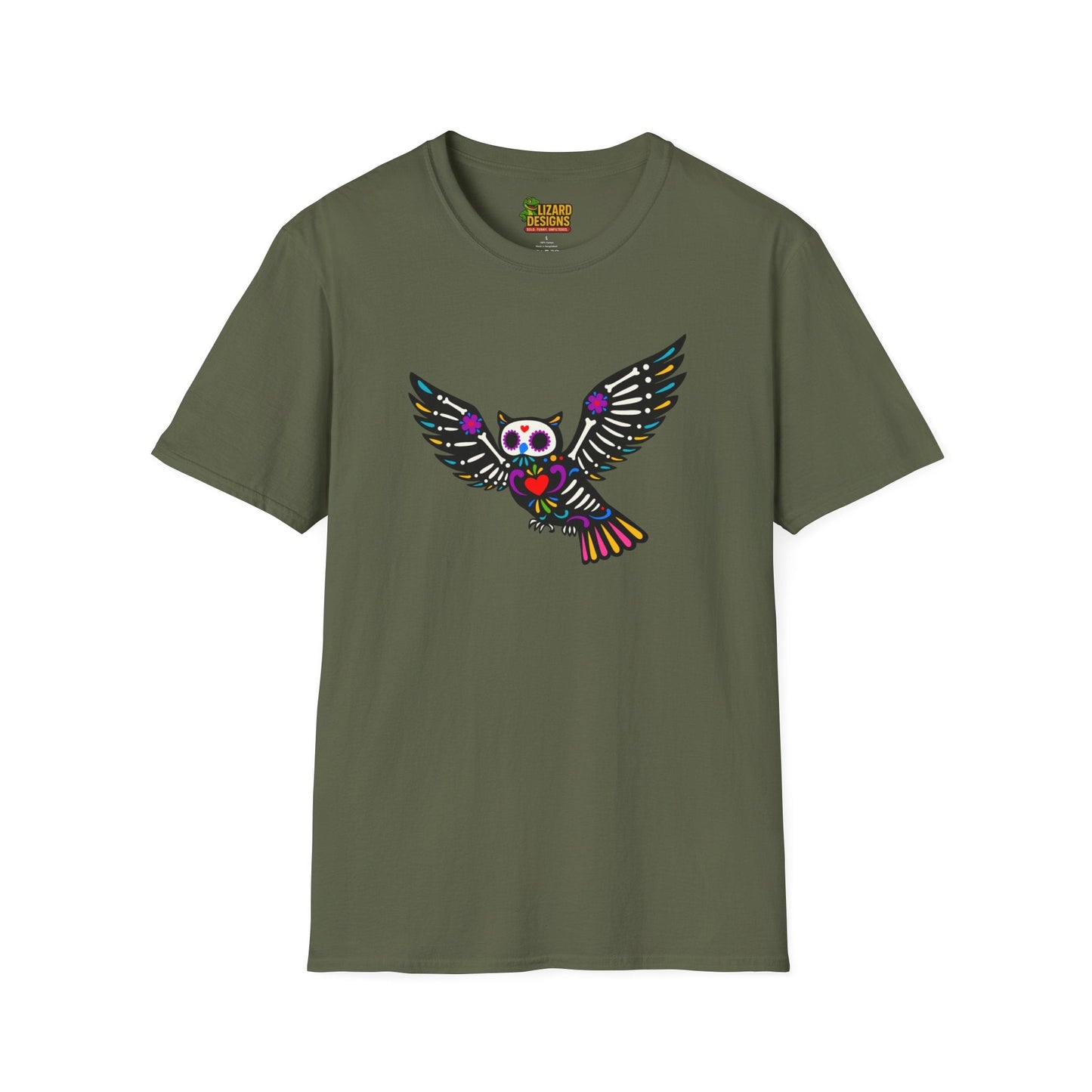 Sugar Skull Owl Tee – Colorful Day of the Dead Vibes | Graphic T-Shirts – Military Green T-Shirt for boho style shirt (17 view)