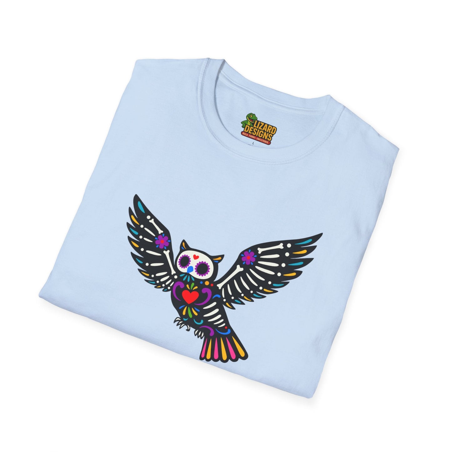 Sugar Skull Owl Tee – Colorful Day of the Dead Vibes | Graphic T-Shirts – Light Blue T-Shirt for boho style shirt (25 view)