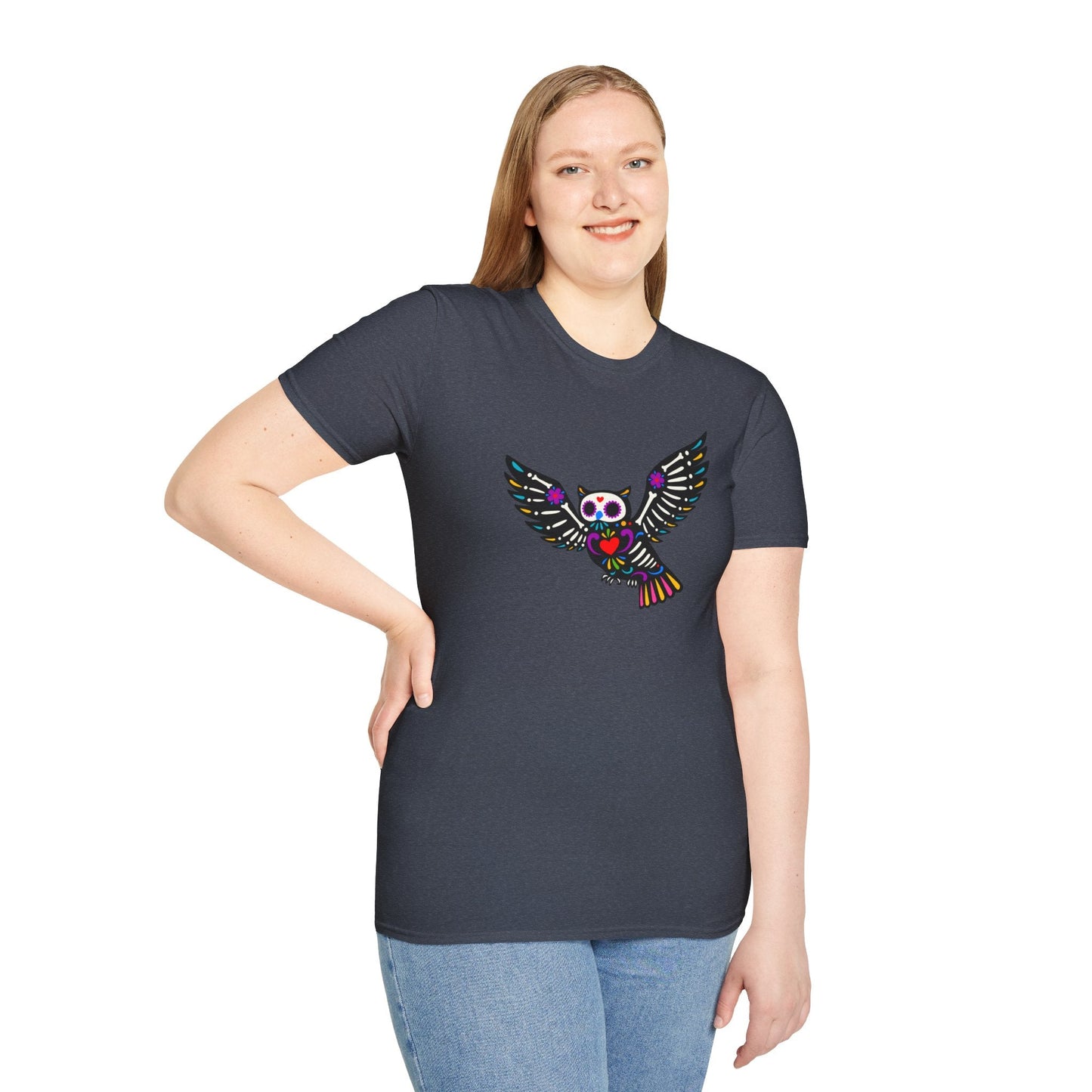 Sugar Skull Owl Tee – Colorful Day of the Dead Vibes | Graphic T-Shirts – Heather Navy T-Shirt for boho style shirt (41 view)