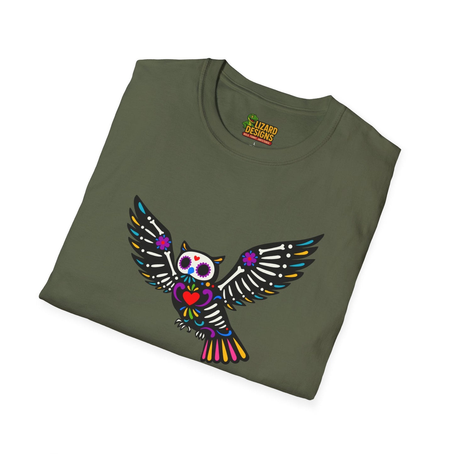 Sugar Skull Owl Tee – Colorful Day of the Dead Vibes | Graphic T-Shirts – Military Green T-Shirt for boho style shirt (20 view)