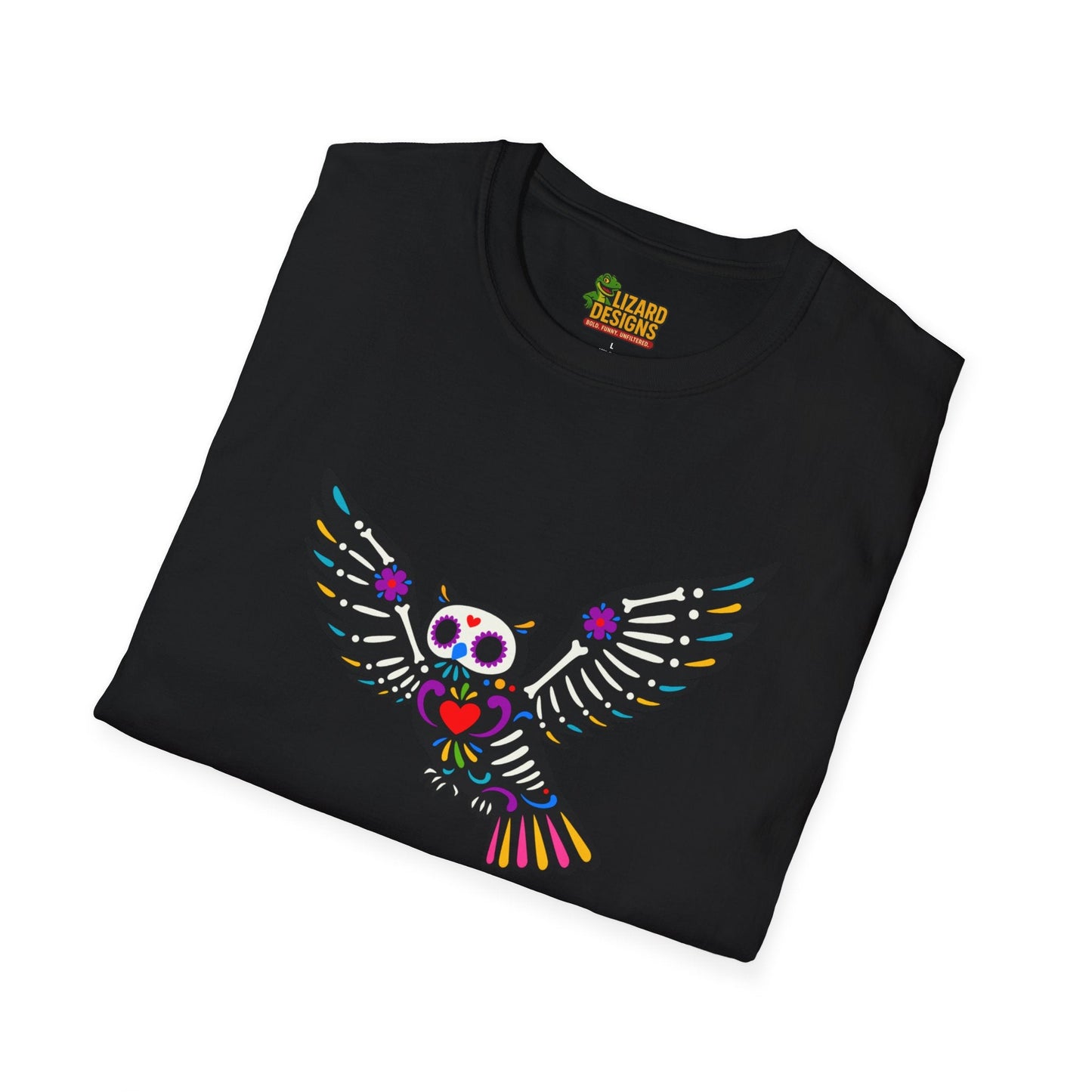 Sugar Skull Owl Tee – Colorful Day of the Dead Vibes | Graphic T-Shirts – Black T-Shirt for boho style shirt (4 view)
