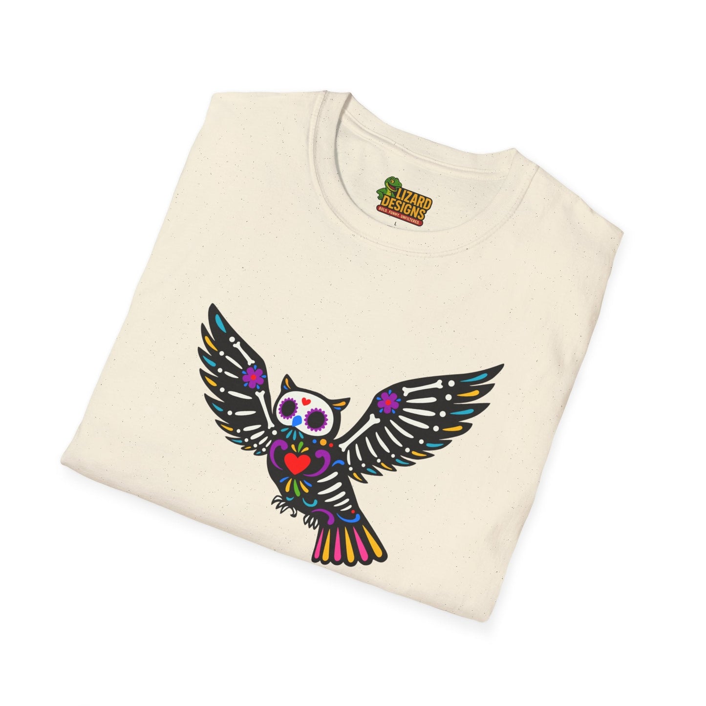 Sugar Skull Owl Tee – Colorful Day of the Dead Vibes | Graphic T-Shirts – Natural T-Shirt for boho style shirt (15 view)