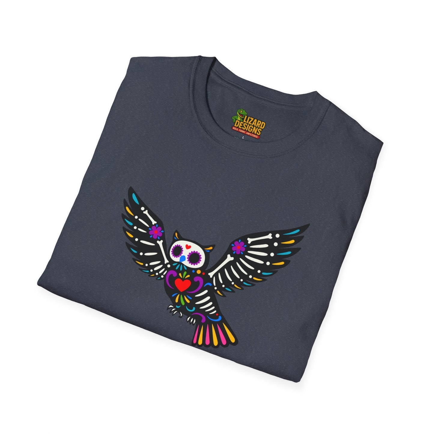 Sugar Skull Owl Tee – Colorful Day of the Dead Vibes | Graphic T-Shirts – Heather Navy T-Shirt for boho style shirt (40 view)