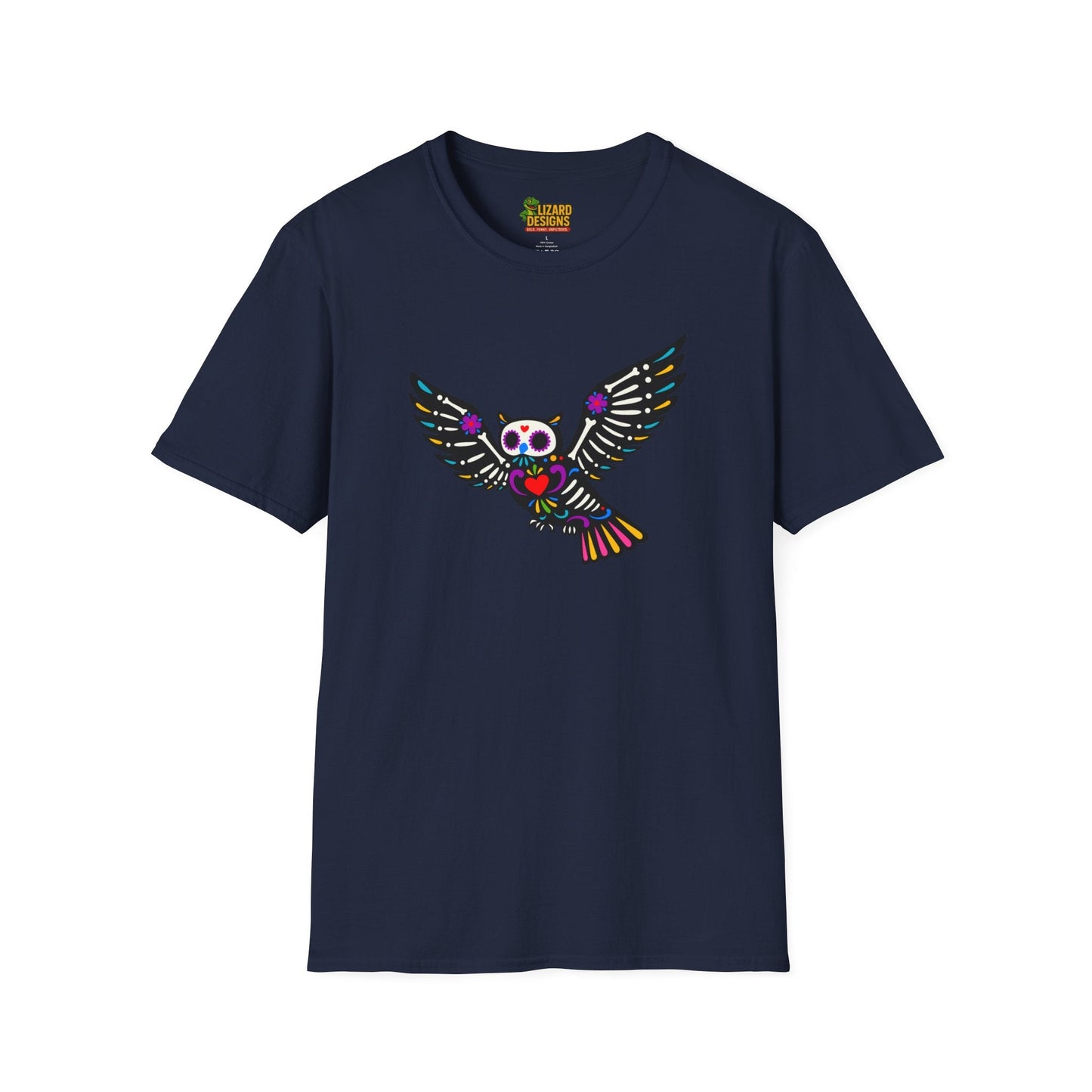 Sugar Skull Owl Tee – Colorful Day of the Dead Vibes | Graphic T-Shirts – Navy T-Shirt for boho style shirt (32 view)