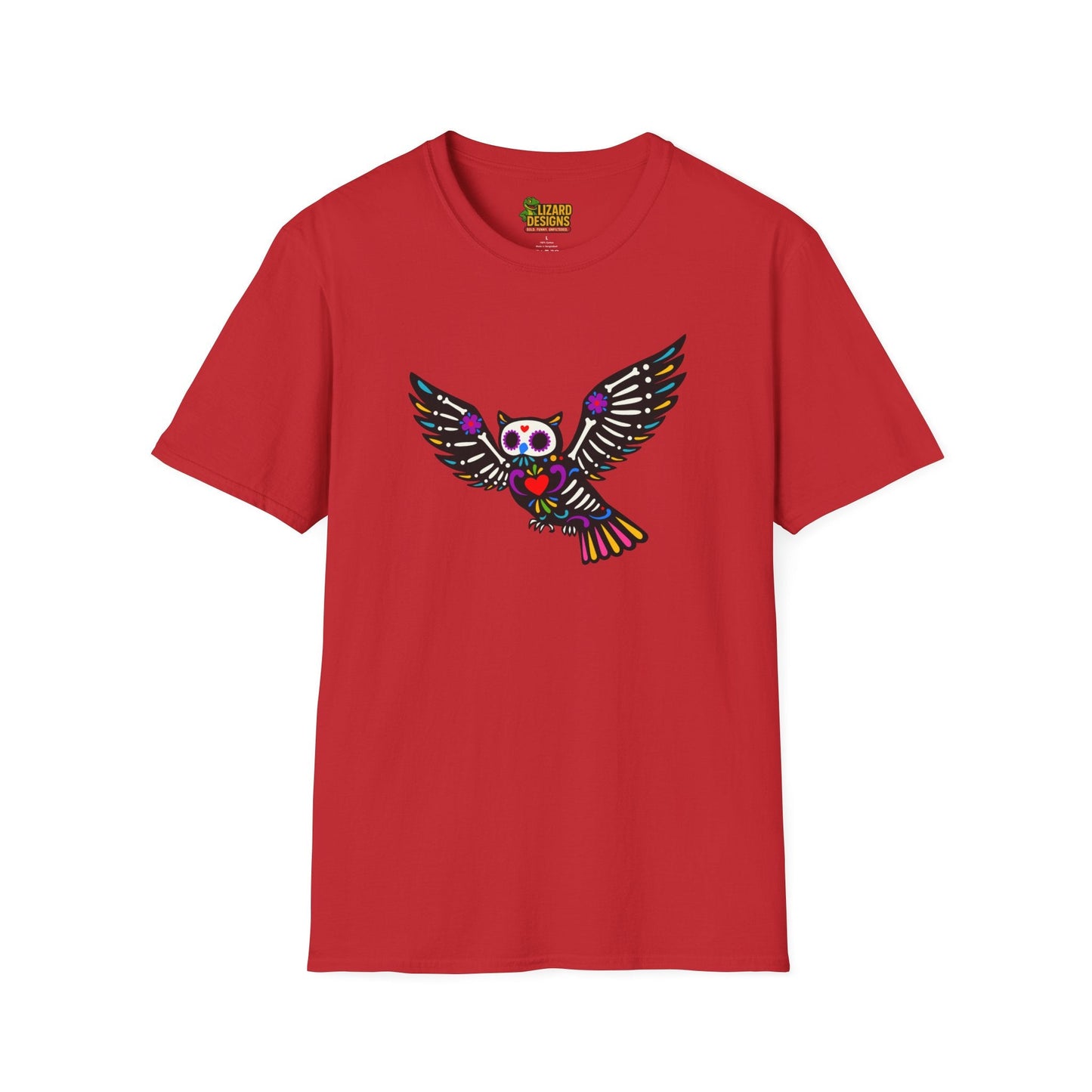 Sugar Skull Owl Tee – Colorful Day of the Dead Vibes | Graphic T-Shirts – Red T-Shirt for boho style shirt (42 view)