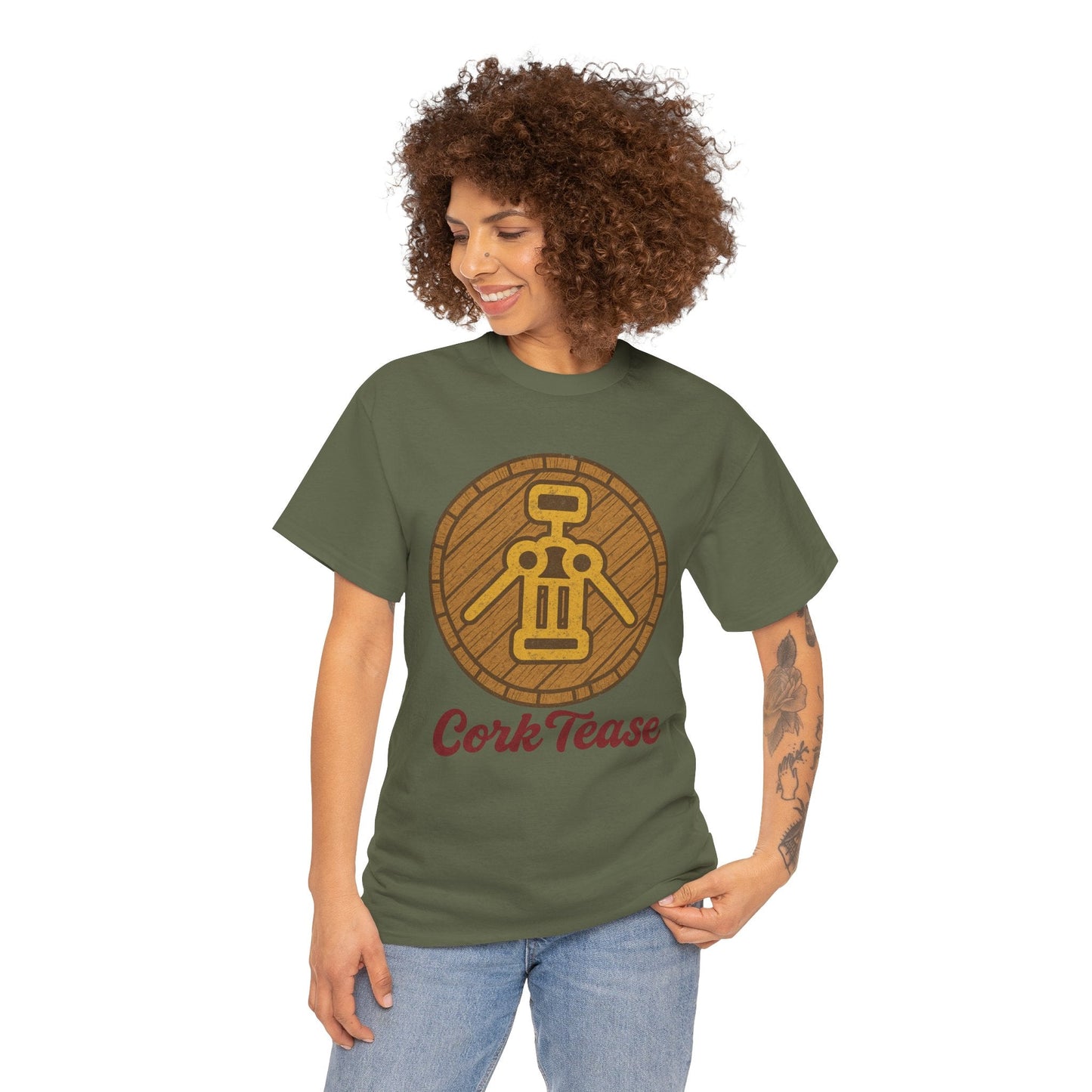 Cork Tease Unisex Heavy Cotton Tee - Fun Gift for Wine Lovers, Casual Wear, Party Shirt, Unique Friend Gift, Quirky Humor Tee – Military Green T-Shirt for casual party outfit (12 view)