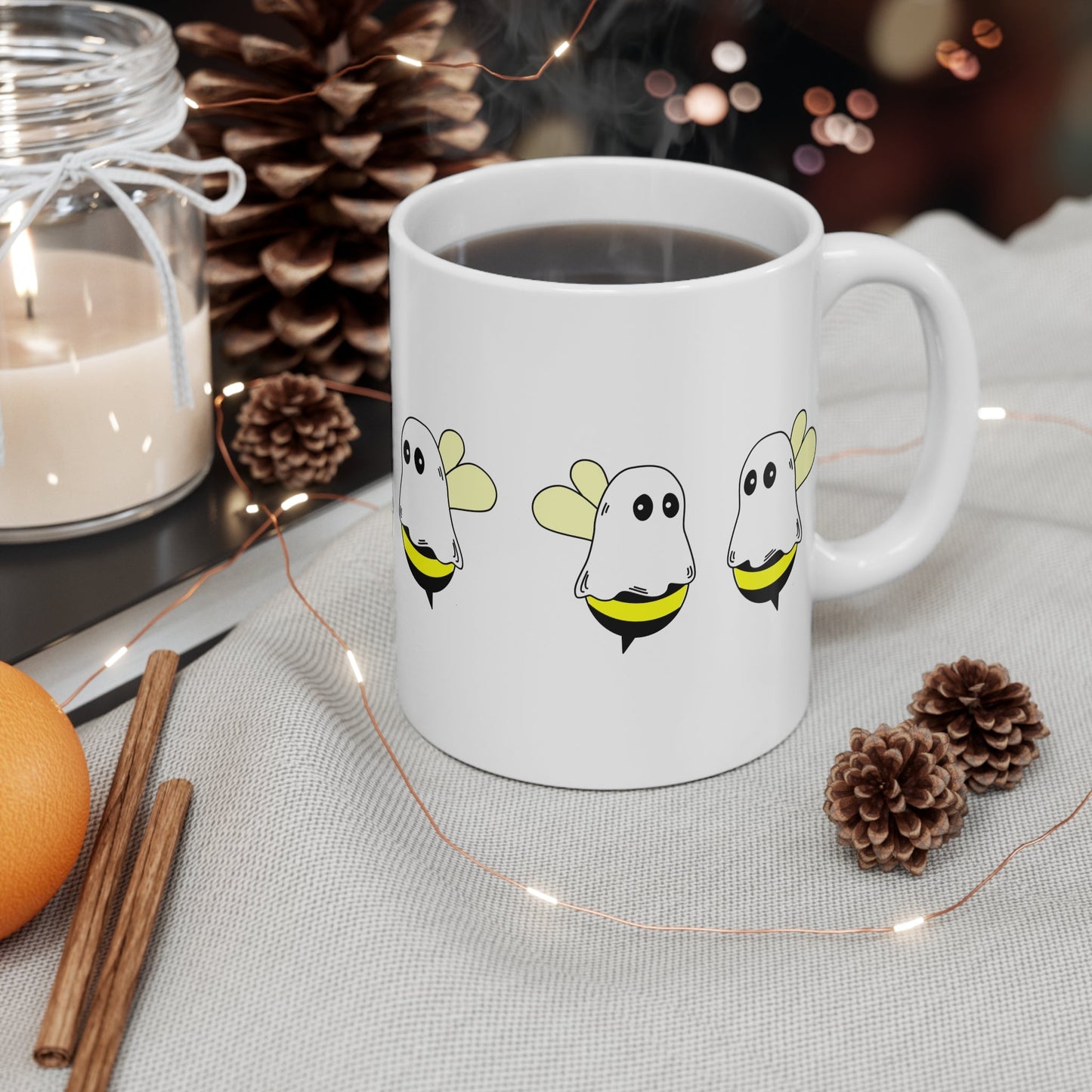 Cute Ghost Bee Mug - Halloween Gift, Cute Coffee Cup, Kawaii Tea Mug, Spooky Decor, Fun Bee Lover's Gift – 11oz Mug for bee ghost cup (4 view)