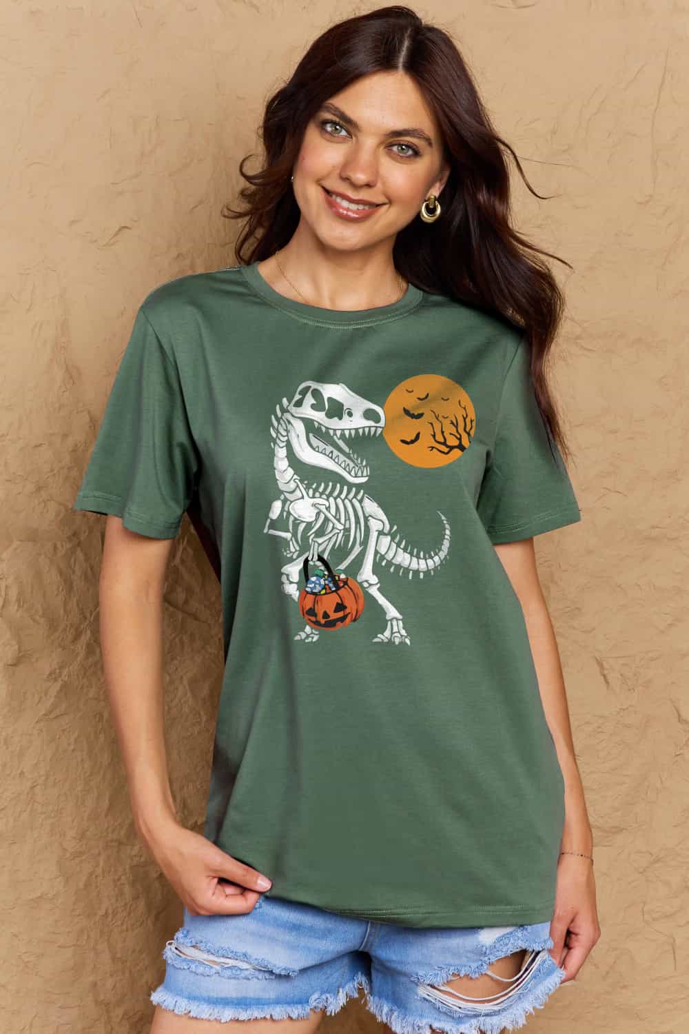 Simply Love Full Size Dinosaur Skeleton Graphic Cotton Tee – Dusty Pink Women's Top for Shopify Collective (13 view)