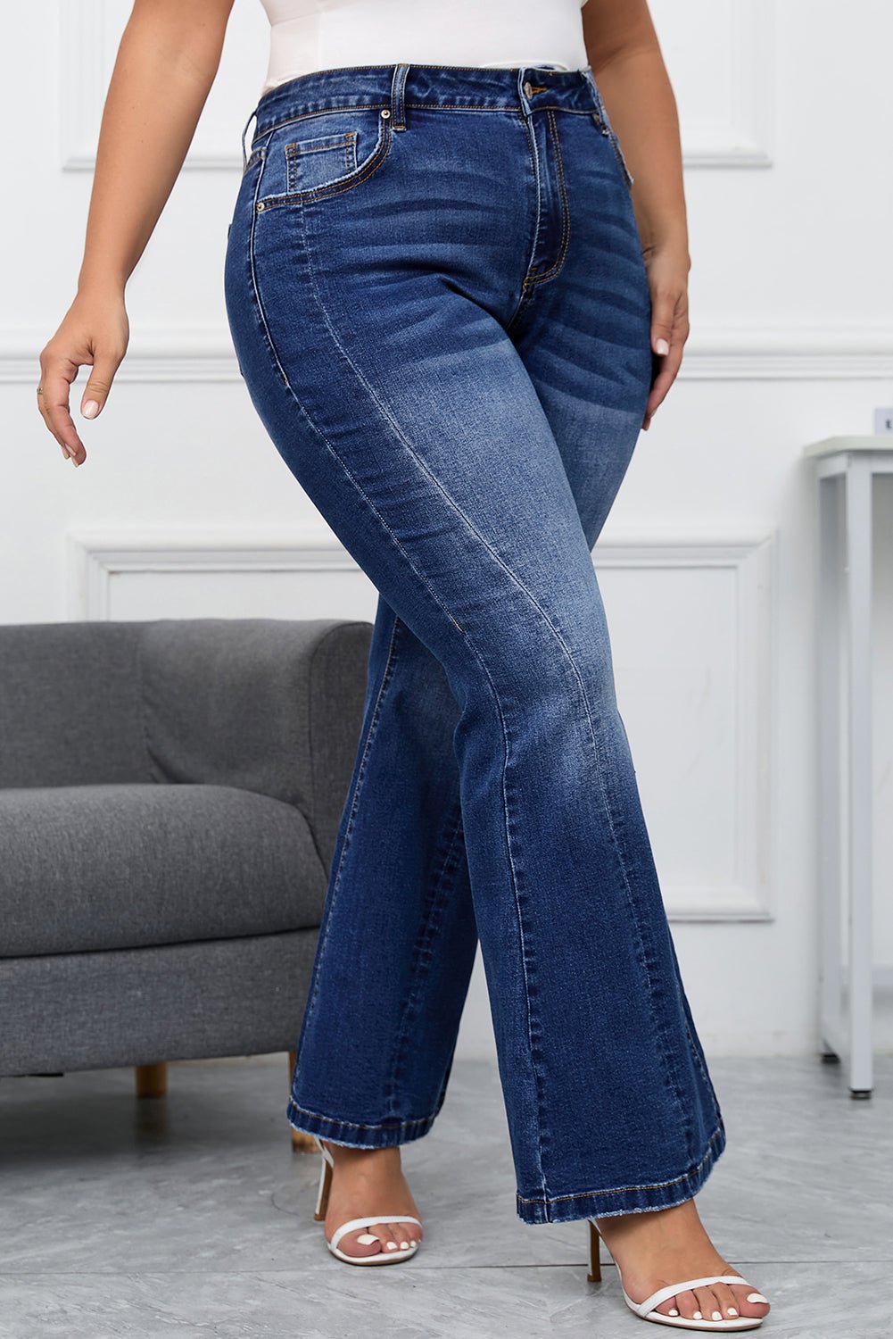 Aila Dark Blue Plus Size Stitching Flare Jeans – Dark Blue Plus Size/Plus Size Bottoms for glowup (4 view)