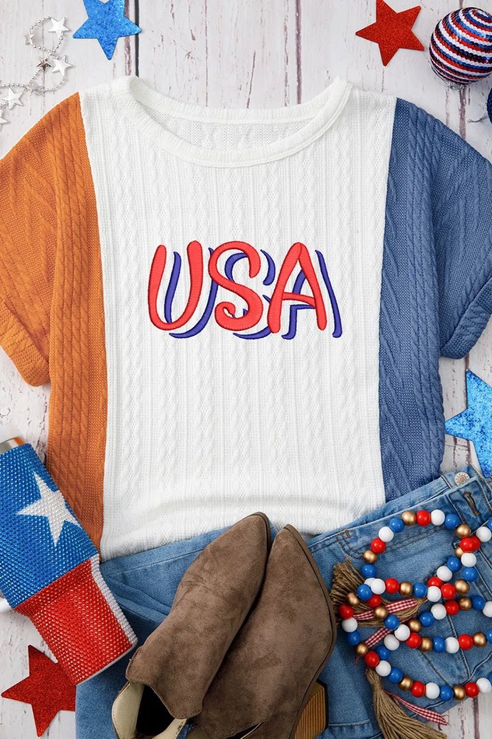USA Embroidered Cable Textured Knit Cuffed Sleeve Color Block Tee – White for Shopify Collective (3 view)