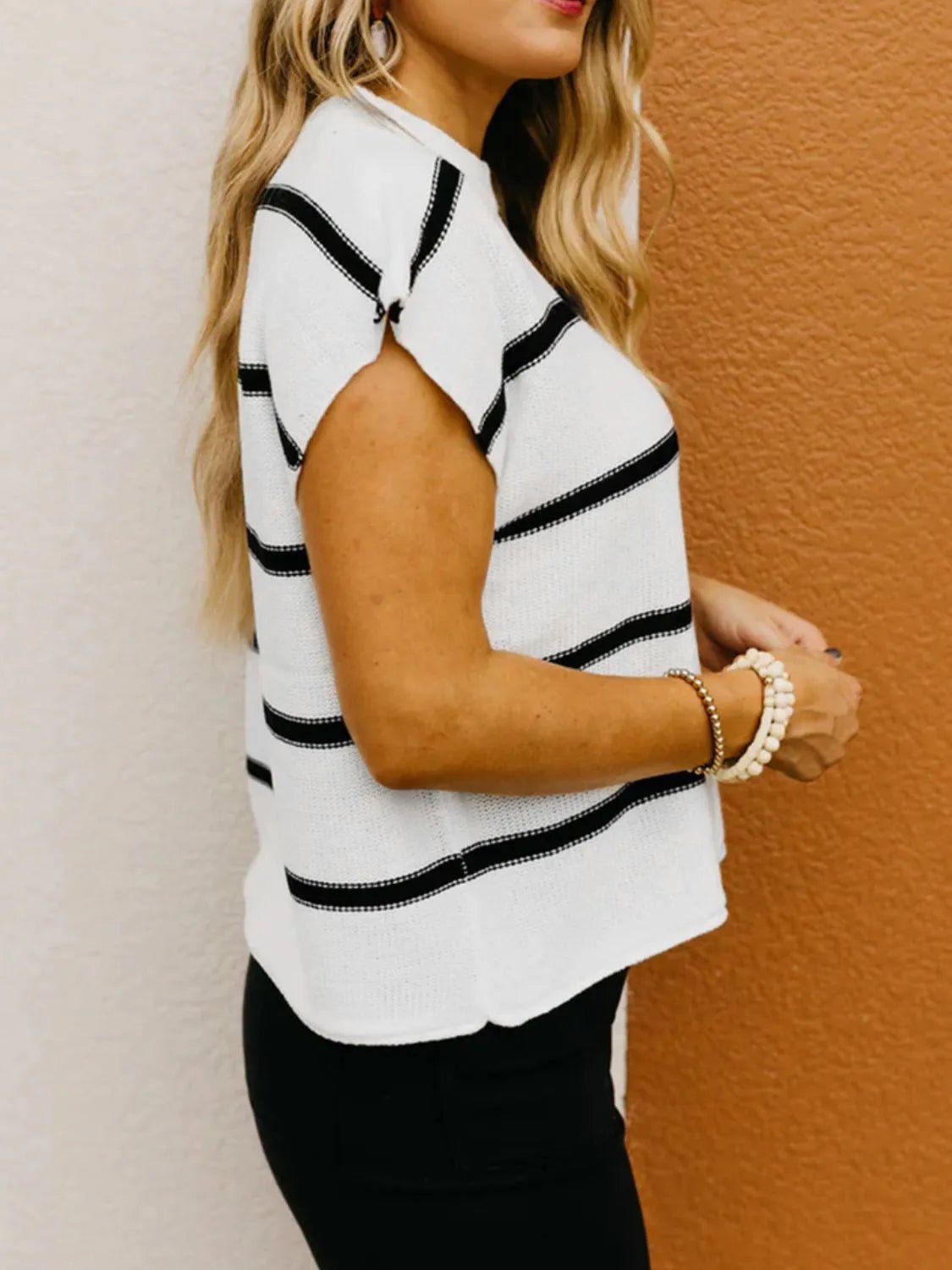 Striped Batwing Sleeve Knit Top – White by Simply Love