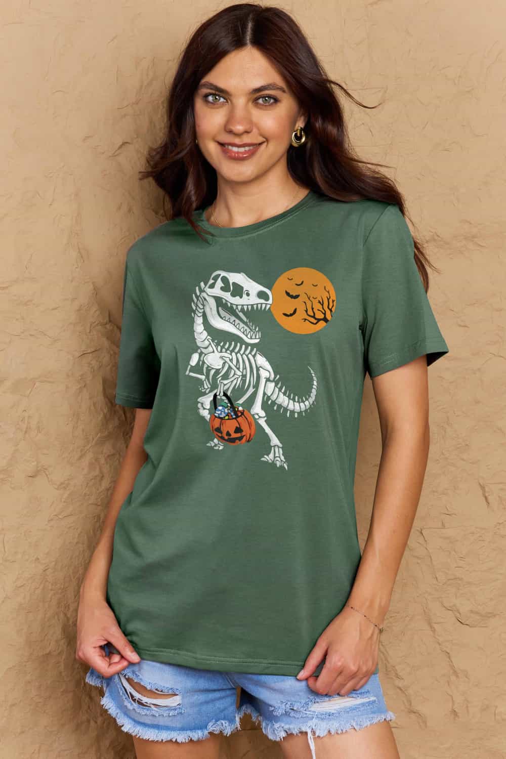 Simply Love Full Size Dinosaur Skeleton Graphic Cotton Tee – Green Women's Top for Shopify Collective (14 view)