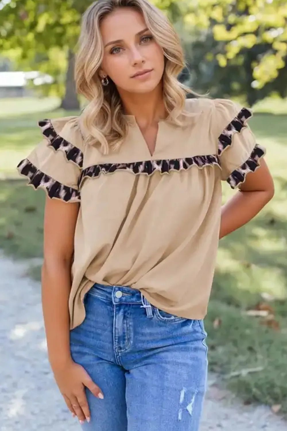 Leopard Frill Short Sleeve Blouse – Khaki for Shopify Collective (1 view)