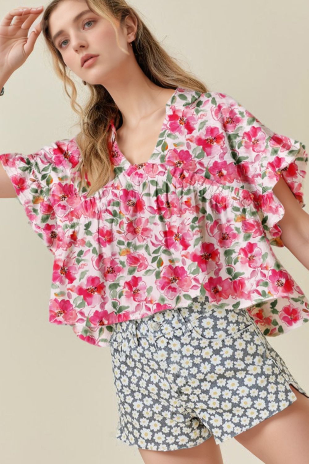 Floral Boxy Fit Ruffled Short Sleeve Blouse – Pink for Shopify Collective (10 view)