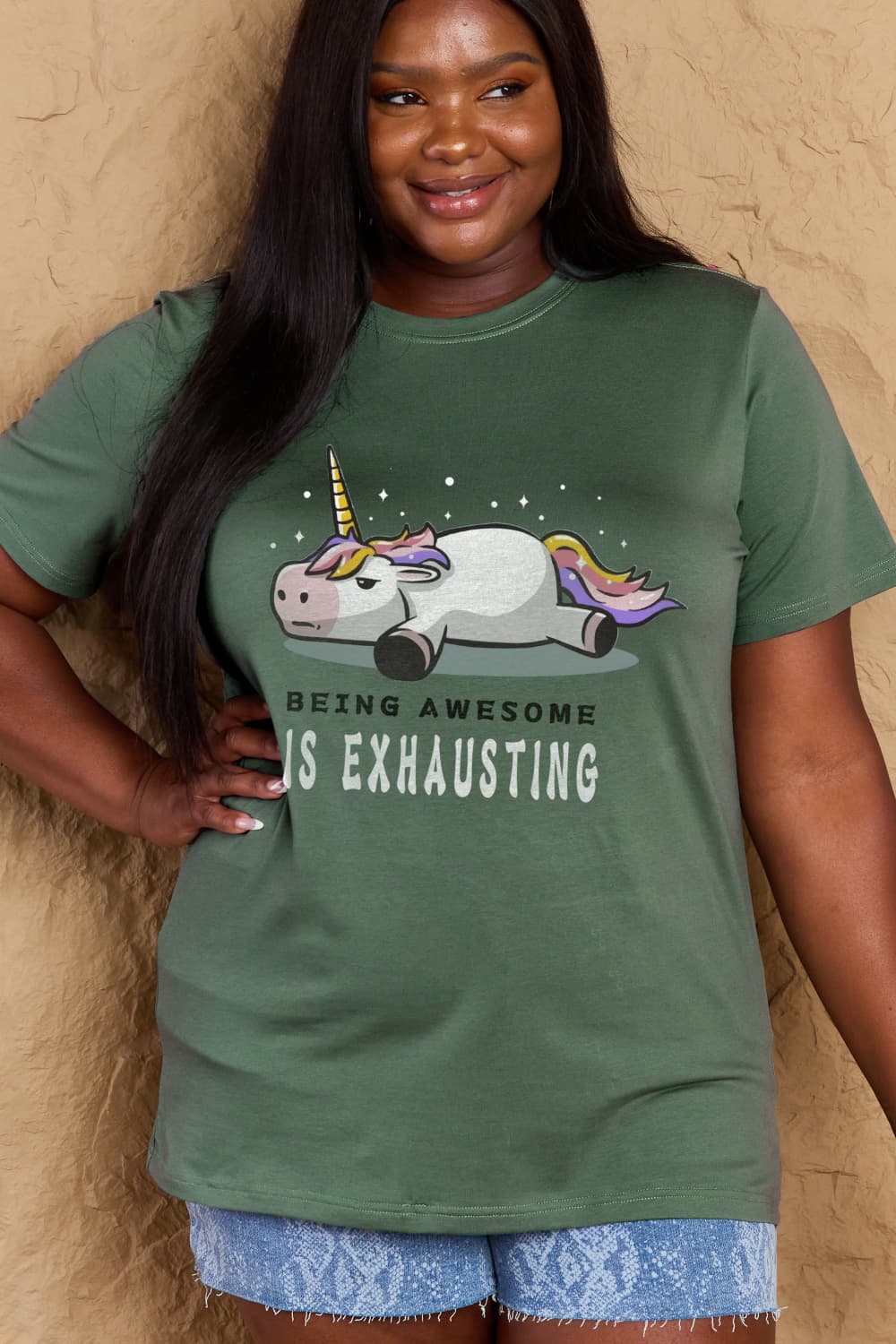 Simply Love Full Size BEING AWESOME IS EXHAUSTING Graphic Cotton Tee – Green Women's Top for Shopify Collective (23 view)