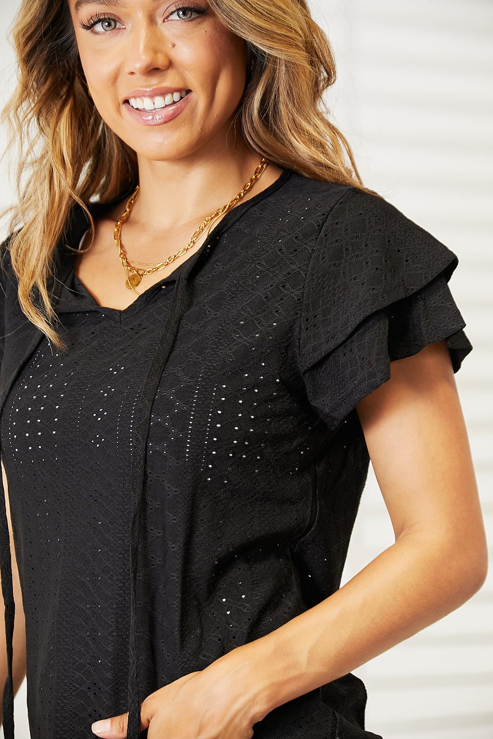 Double Take Eyelet Tie - Neck Flutter Sleeve Blouse – Black for Double Take (4 view)