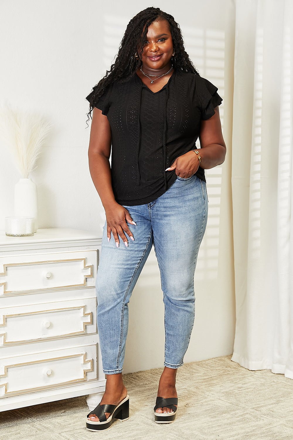 Double Take Eyelet Tie - Neck Flutter Sleeve Blouse – Black for Double Take (8 view)