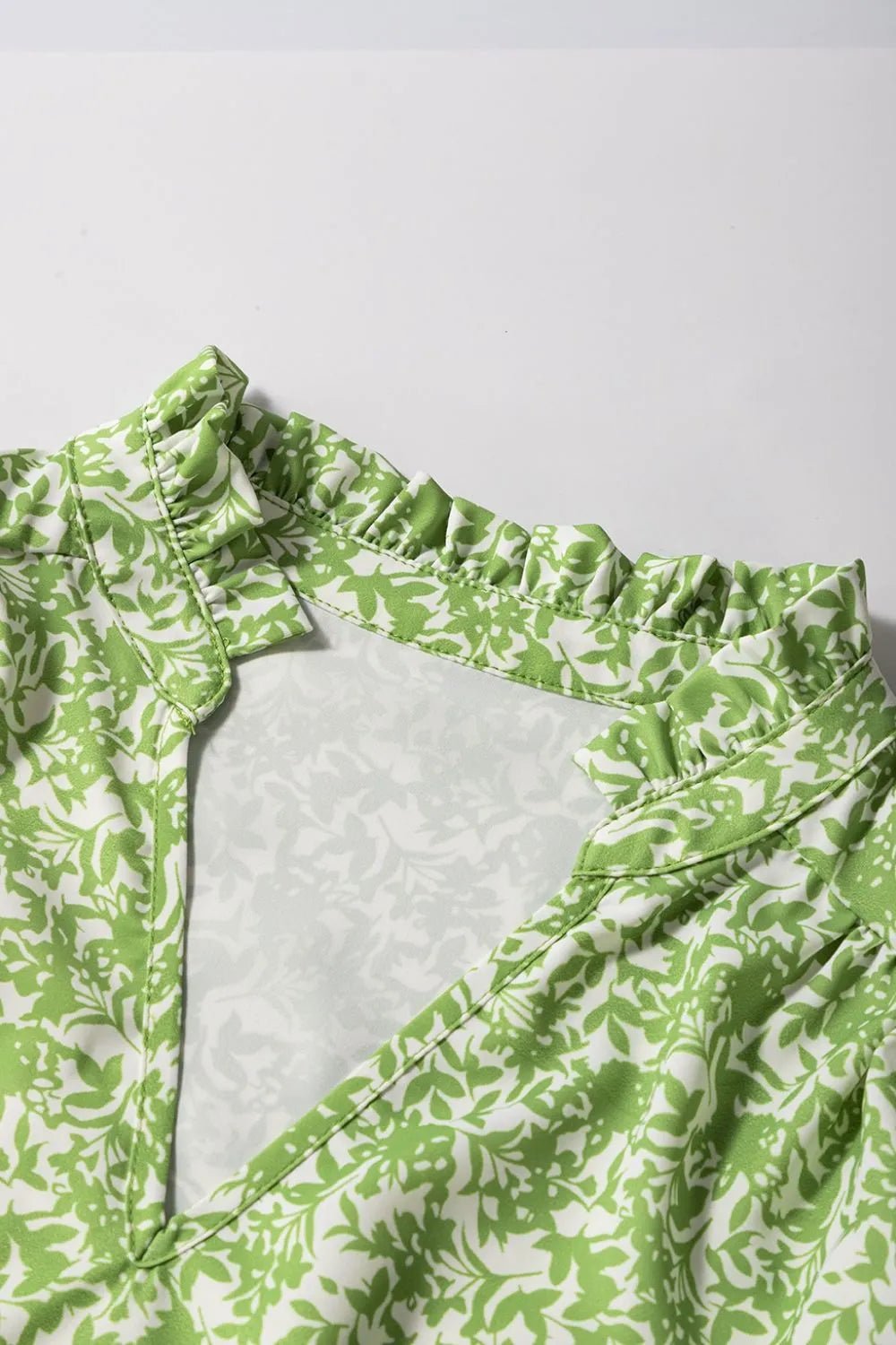 Floral Ruffle Puff Short Sleeve Frilled Notched Blouse – Light Green for Shopify Collective (7 view)