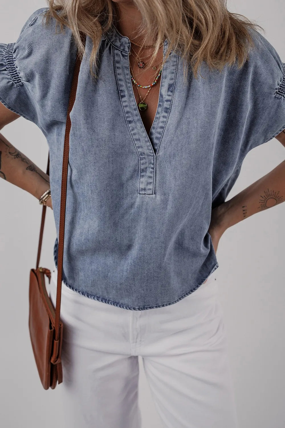 V Neck Ruffled Short Puff Sleeve Denim Top – Medium for Shopify Collective (6 view)