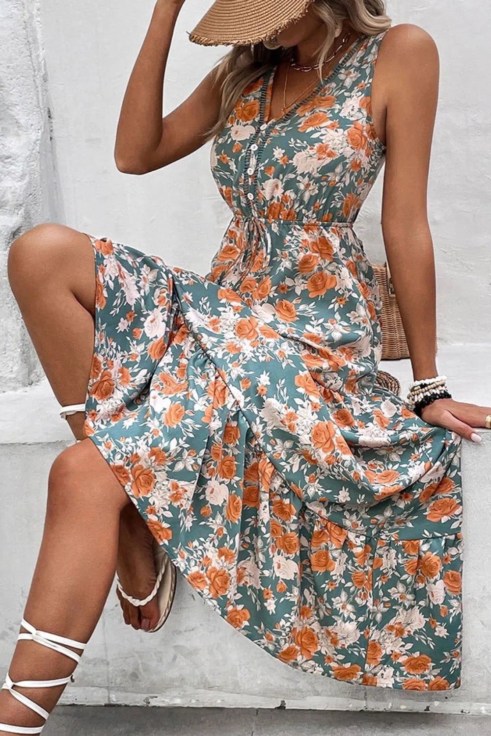 Floral Print Trimmed V Neck Tie Waist Sleeveless Dress – Floral for Shopify Collective (6 view)