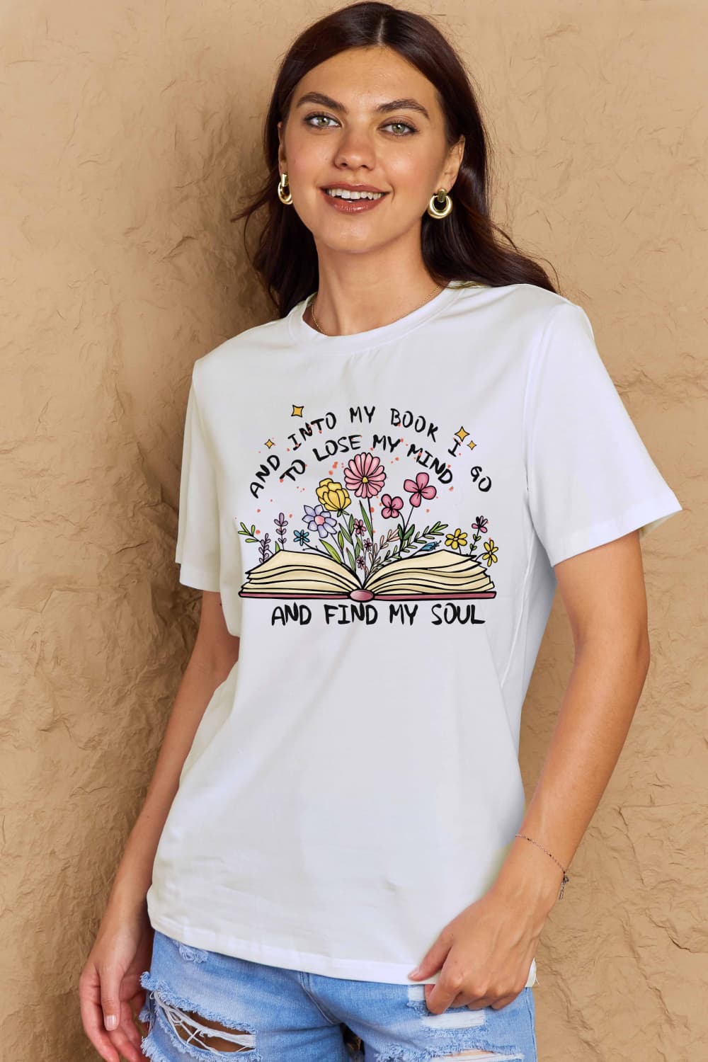 Simply Love Full Size Book & Flower Graphic Cotton Tee – Bleach by Simply Love