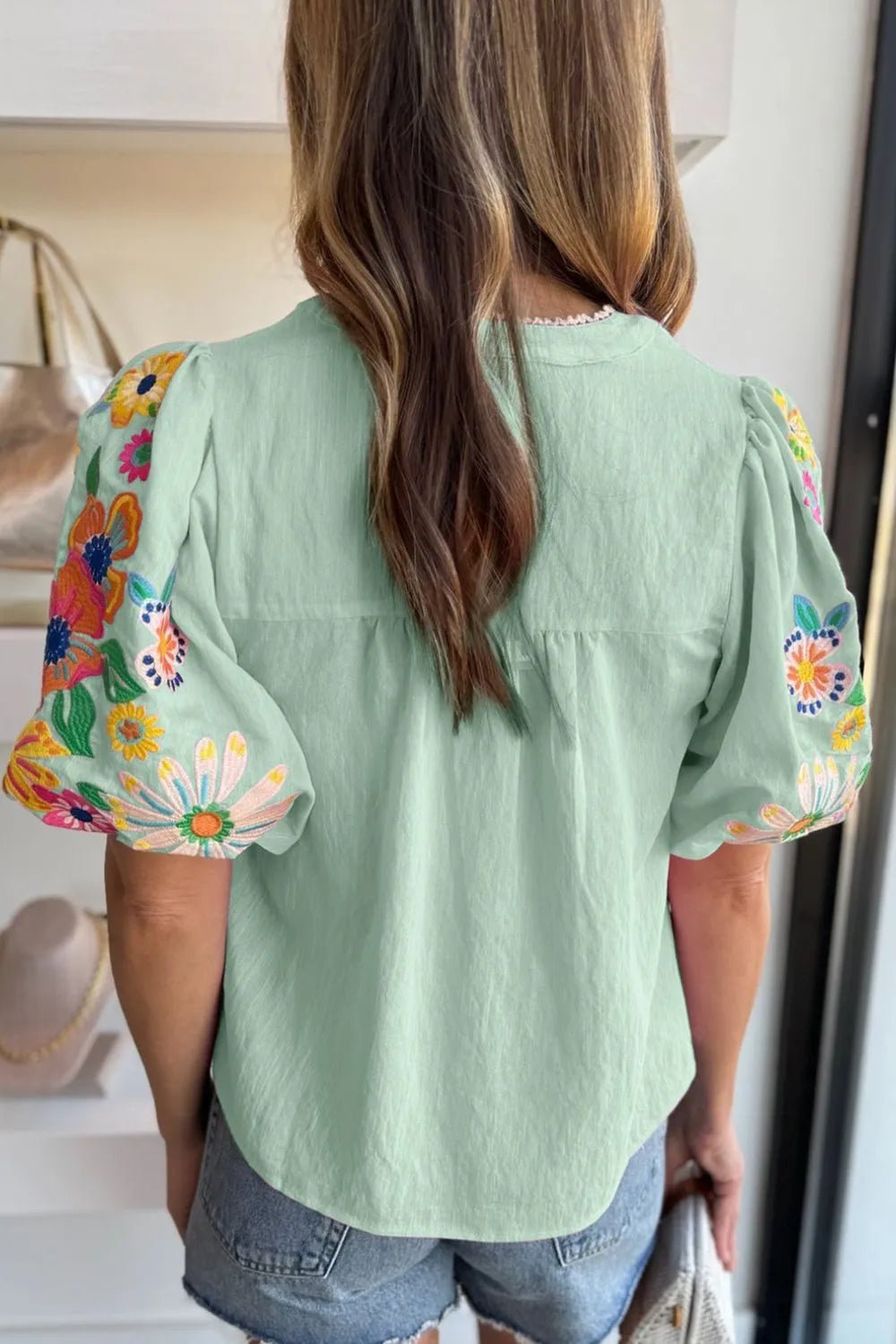 Embroidered Tie Neck Short Sleeve Blouse – Light Green for Shopify Collective (5 view)
