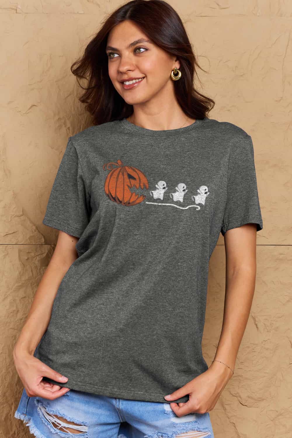 Simply Love Full Size Jack - O' - Lantern Graphic Cotton Tee – Charcoal Women's Top for Shopify Collective (3 view)