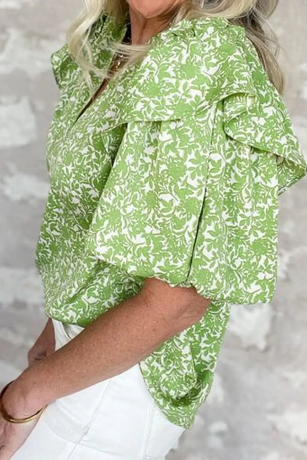 Floral Ruffle Puff Short Sleeve Frilled Notched Blouse – Light Green for Shopify Collective (4 view)