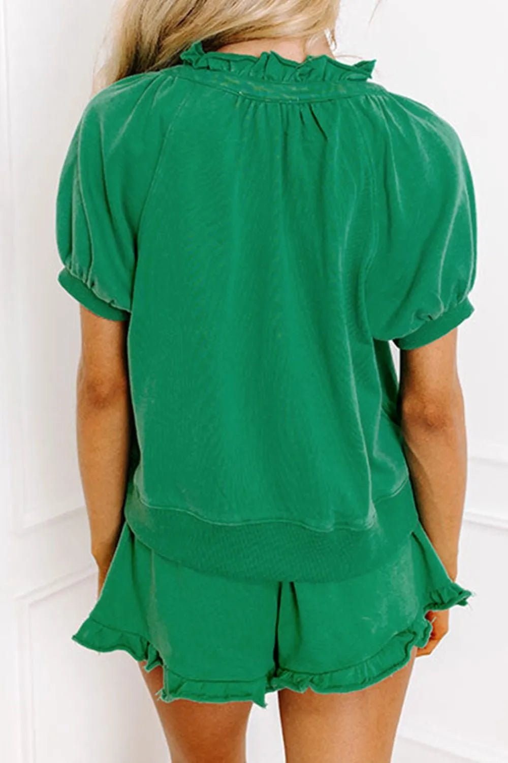 Frill Zip Front Puff Sleeve Top and Skort Set – Green for Shopify Collective (5 view)