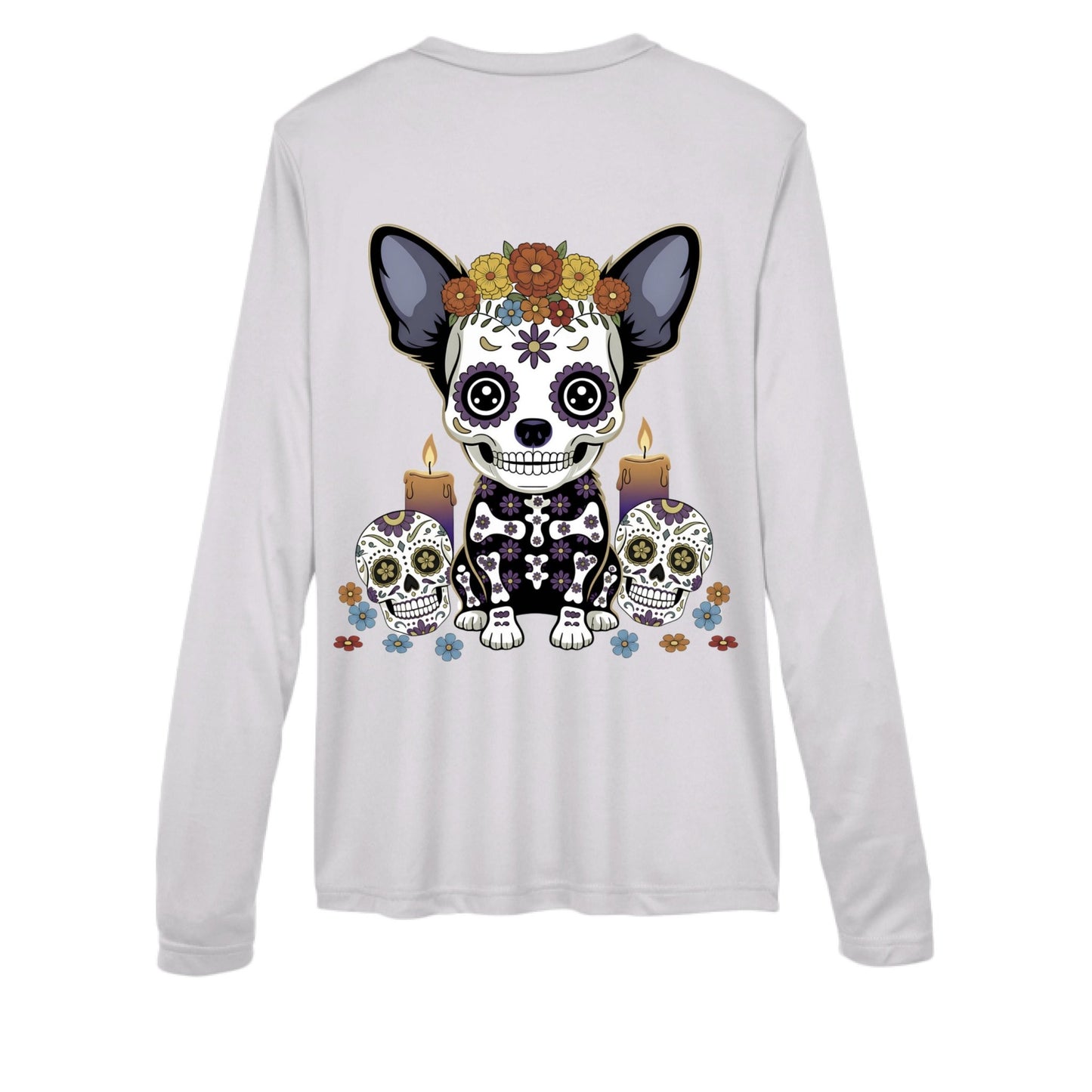 Day of the Dead Chihuahua – Sugar - Skull V - Neck Performance Tee | Women’s Long Sleeve – WHITE activewear for Apparel (2 view)