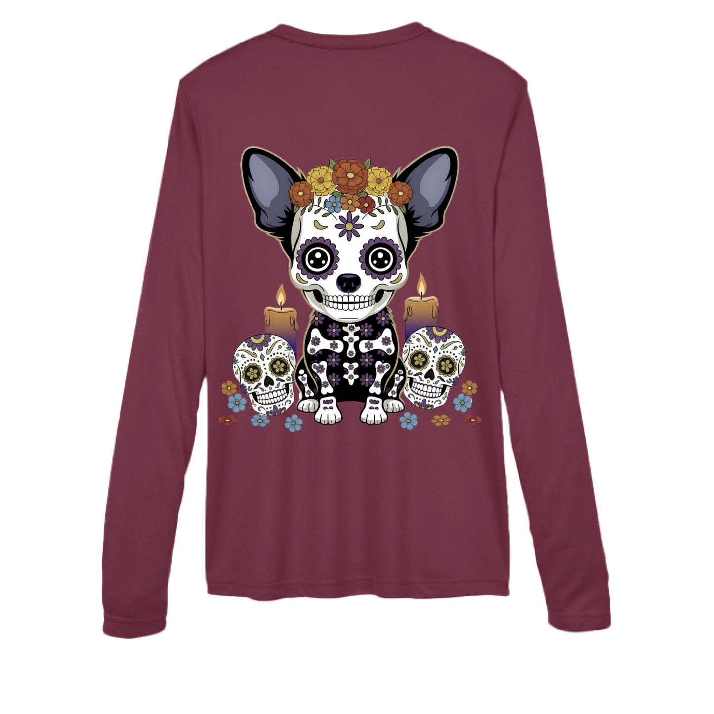 Day of the Dead Chihuahua – Sugar - Skull V - Neck Performance Tee | Women’s Long Sleeve – SPORT MAROON activewear for Apparel (10 view)