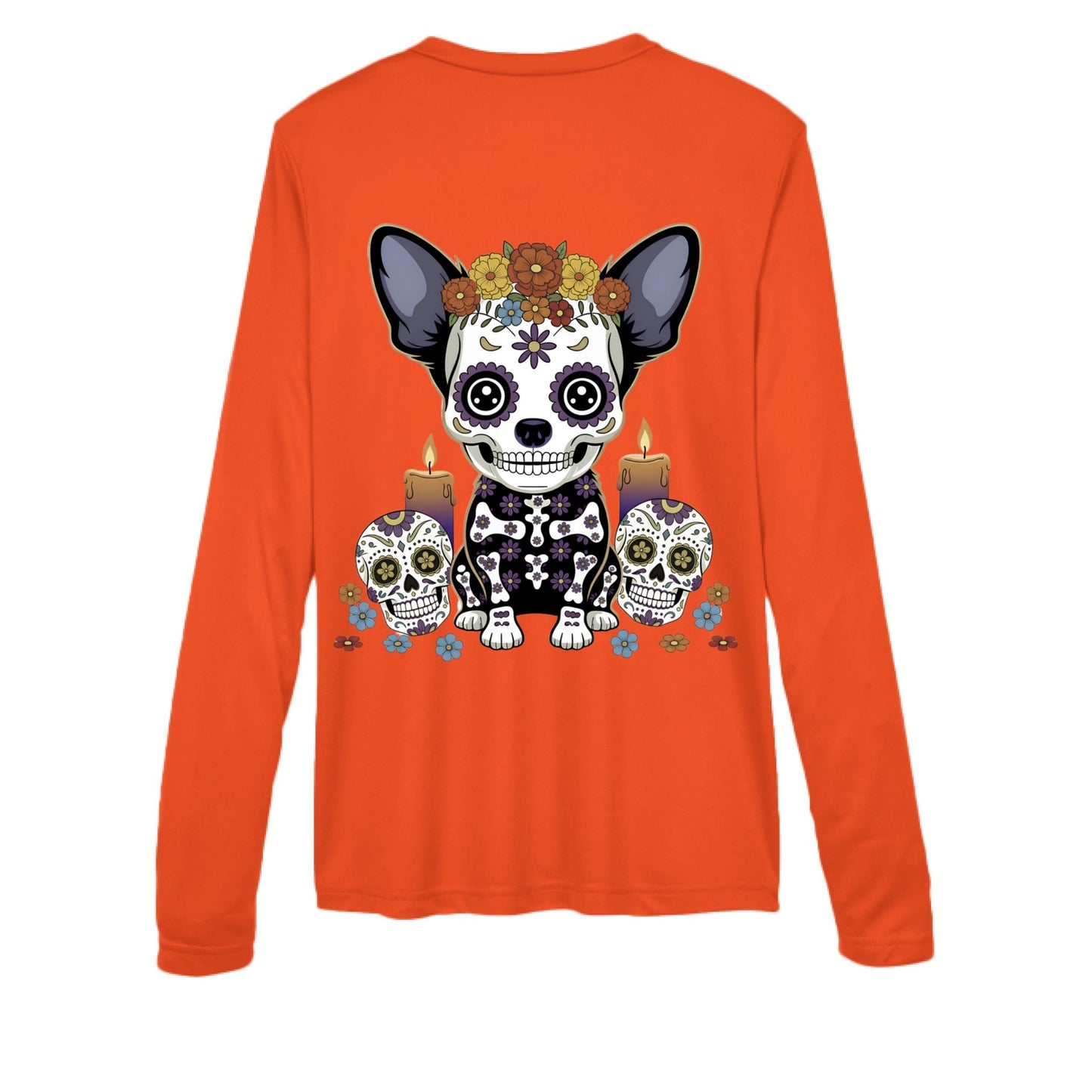 Day of the Dead Chihuahua – Sugar - Skull V - Neck Performance Tee | Women’s Long Sleeve – SPORT ORANGE activewear for Apparel (8 view)