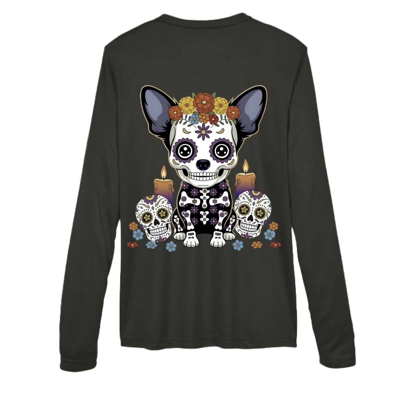 Day of the Dead Chihuahua – Sugar - Skull V - Neck Performance Tee | Women’s Long Sleeve – BLACK activewear for Apparel (12 view)