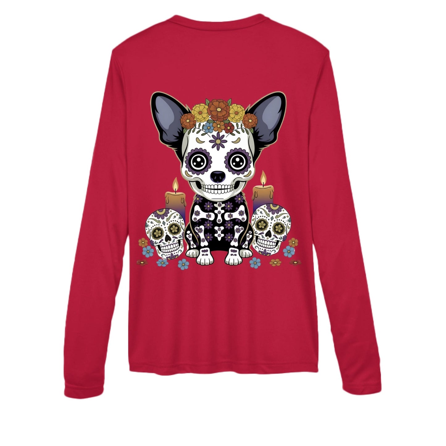 Day of the Dead Chihuahua – Sugar - Skull V - Neck Performance Tee | Women’s Long Sleeve – SPORT RED activewear for Apparel (4 view)