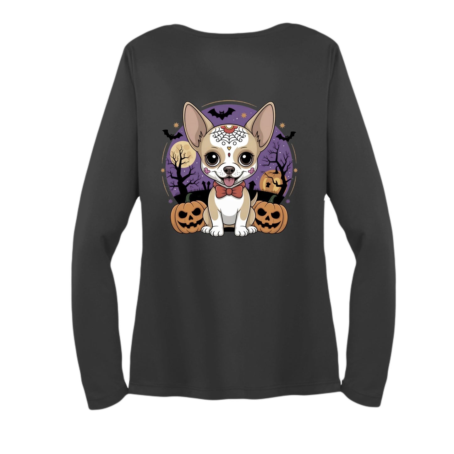 Day of the Dead Puppy – Ladies Long Sleeve Sport - Tek V - Neck Tee – Black T-Shirt for Apparel (21 view)