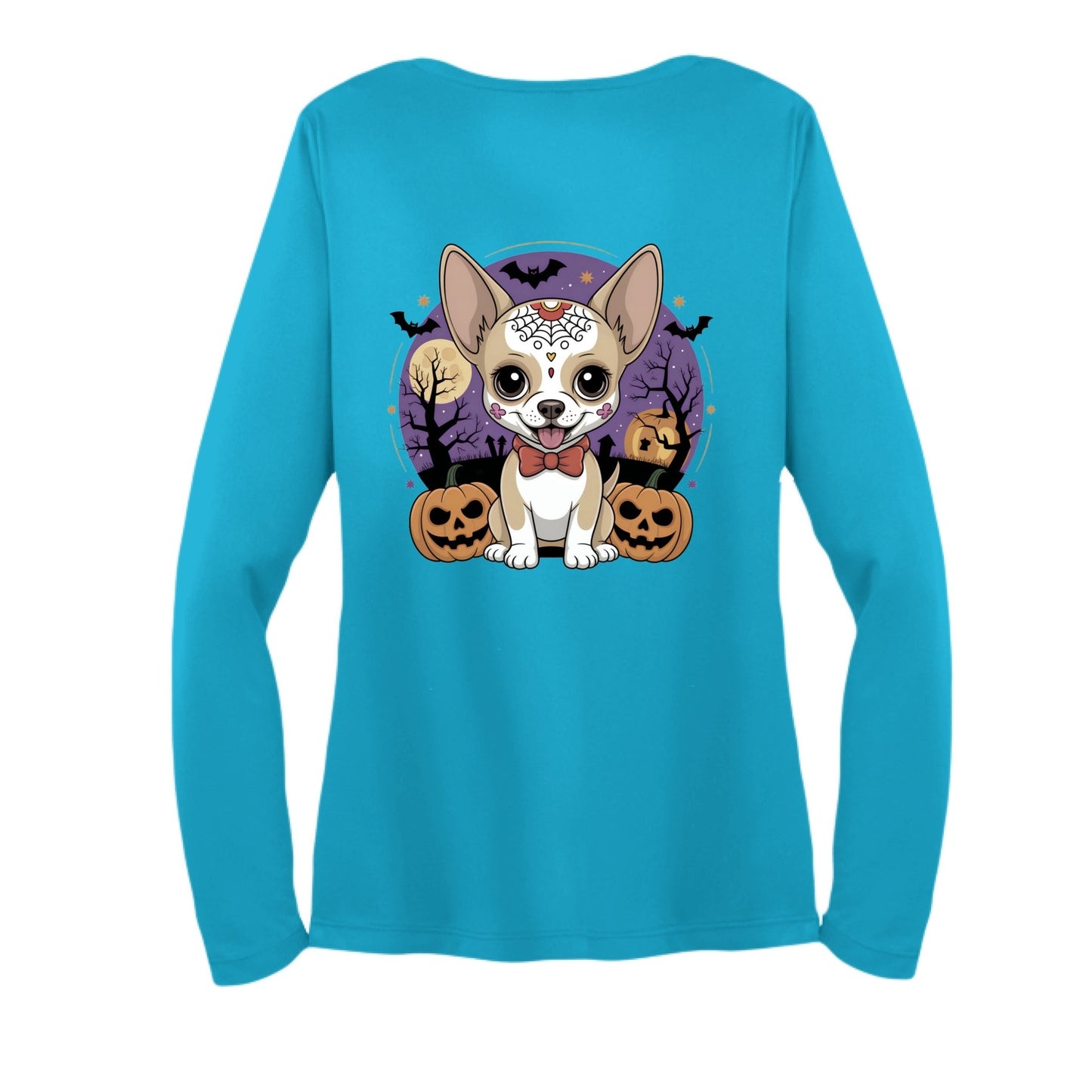Day of the Dead Puppy – Ladies Long Sleeve Sport - Tek V - Neck Tee – Atomic Blue T-Shirt for Apparel (11 view)