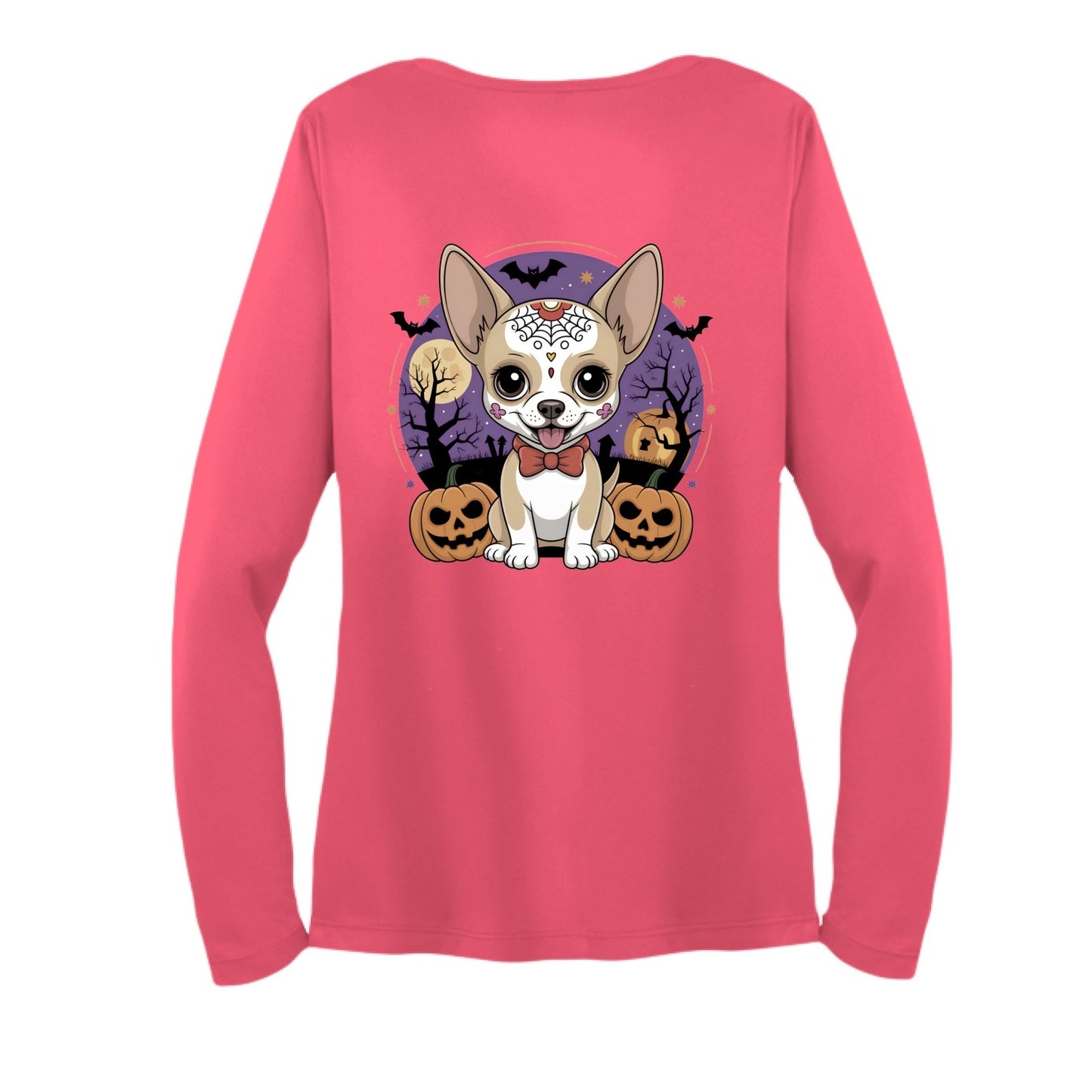 Day of the Dead Puppy – Ladies Long Sleeve Sport - Tek V - Neck Tee – Hot Coral T-Shirt for Apparel (19 view)