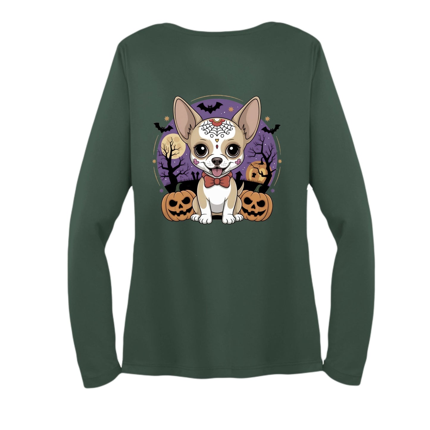 Day of the Dead Puppy – Ladies Long Sleeve Sport - Tek V - Neck Tee – Forest Green T-Shirt for Apparel (7 view)