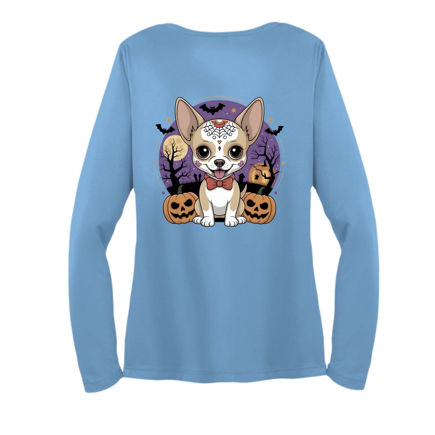 Day of the Dead Puppy – Ladies Long Sleeve Sport - Tek V - Neck Tee – Carolina Blue T-Shirt for Apparel (9 view)